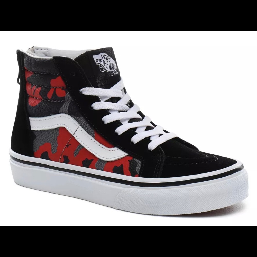 Boys 13.5 black hightop Vans w/red & grey camo